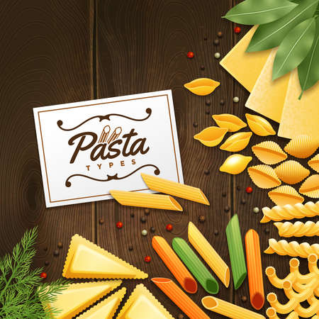 Background with different kinds of pasta with green and spices on wooden table vector illustrationのイラスト素材