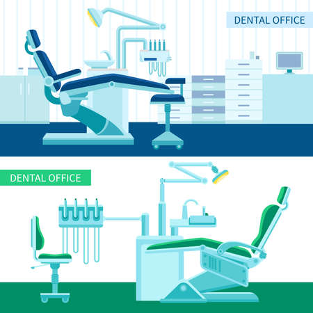 Dental room horizontal banner set with medical equipment for teeth cure flat vector illustrationのイラスト素材