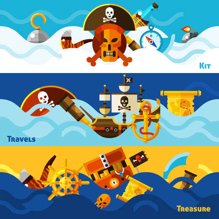Pirates flat horizontal banners set with icons of kit for nautical travels sailboat with skull emblems in waves in cartoon style vector illustrationのイラスト素材