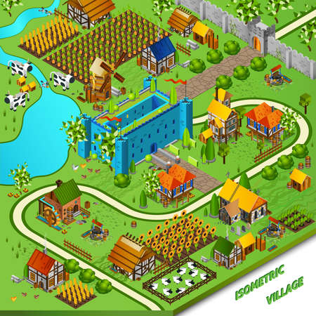 Medieval village and castle background with mill well and houses isometric vector illustrationのイラスト素材