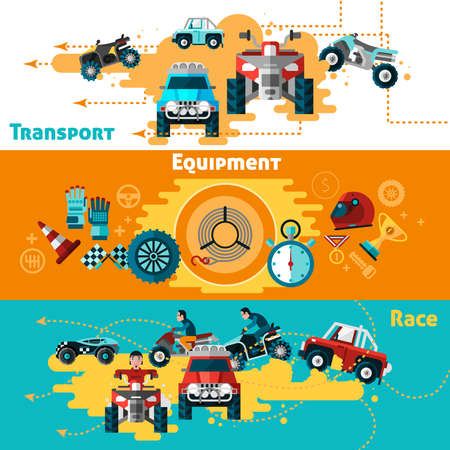 Offroad horizontal banners set with transport and equipment symbols flat isolated vector illustrationのイラスト素材