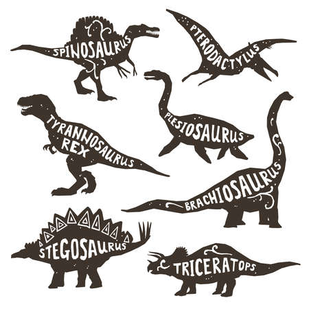 Dinosaurs black silhouettes set with lettering pterodactyl plesiosaur spinosaurus tyrannosaurus triceratops on white background isolated vector illustrationのイラスト素材