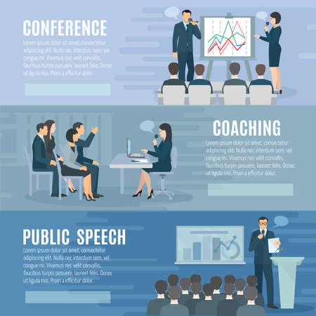 Public speech coaching and visual aids presentation skills information 3 horizontal banners set abstract isolated illustration vectorのイラスト素材