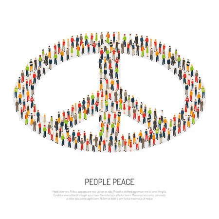 Crowd of different people form huge peace symbol by themselves on white background isometric poster vector illustrationのイラスト素材