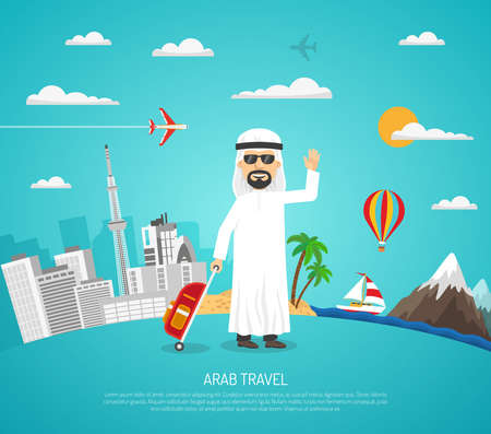 Cartoon travel poster with arab tourist in sunglasses on cityscape and landscape background vector illustrationのイラスト素材