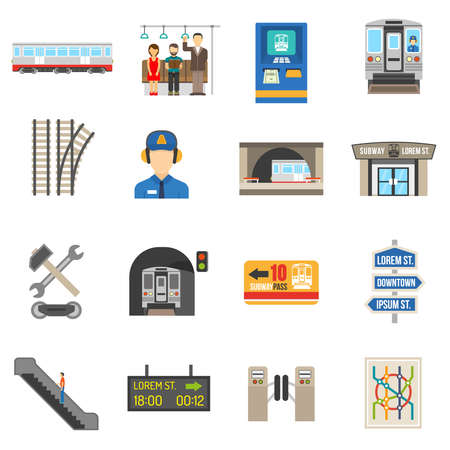 Underground icons set of different city subway elements like ticket train or escalator flat isolated vector illustrationのイラスト素材