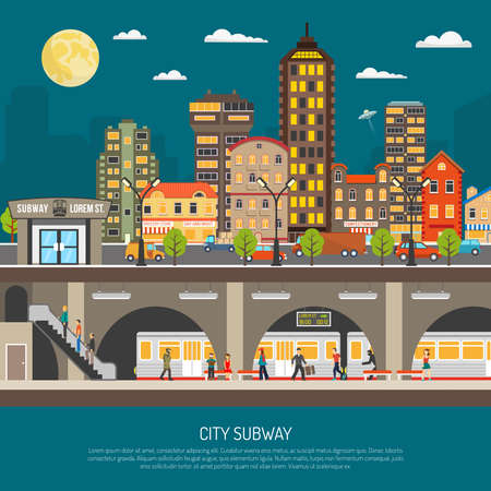 Underground poster of cityscape with subway station and platform train passengers under city street flat vector illustrationのイラスト素材
