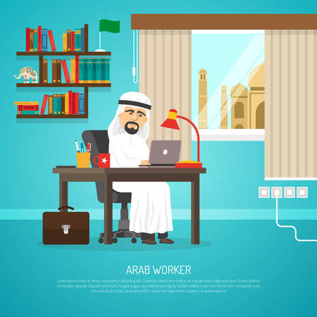 Poster of arab in traditional white clothing working on his notebook in room cartoon vector illustrationのイラスト素材