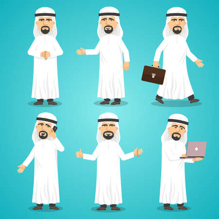 Cartoon images set of arab man in traditional arabic clothing isolated vector illustrationのイラスト素材