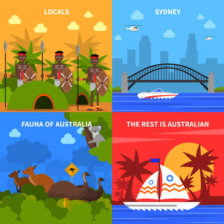 Australia concept icons set with locals and fauna symbols flat isolated vector illustrationのイラスト素材
