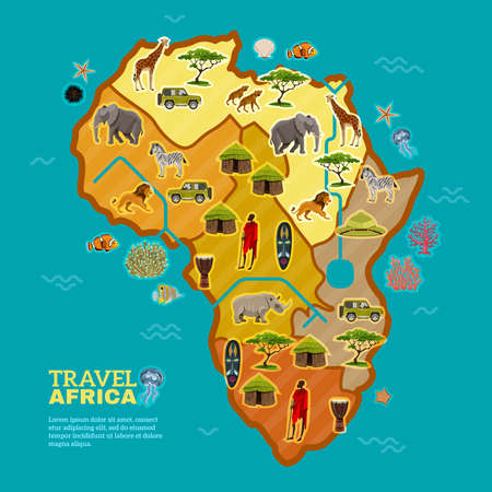 African continent poster divided with different types of tourism populating flora and fauna on the sea background vector illustrationのイラスト素材