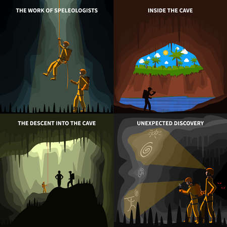 Speleologists descent into the cave underground discovery 4 flat icons square composition banner abstract isolated vector illustrationのイラスト素材