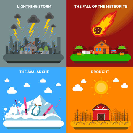 Natural disaster concept 4 flat icons square composition banner with meteorite and drought abstract isolated vector illustrationのイラスト素材