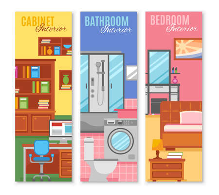 Three Vertical banners with abstract square shaped  interior furniture vector illustrationのイラスト素材