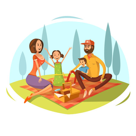 Family having picnic on the grass concept with bread and jam cartoon vector illustrationのイラスト素材
