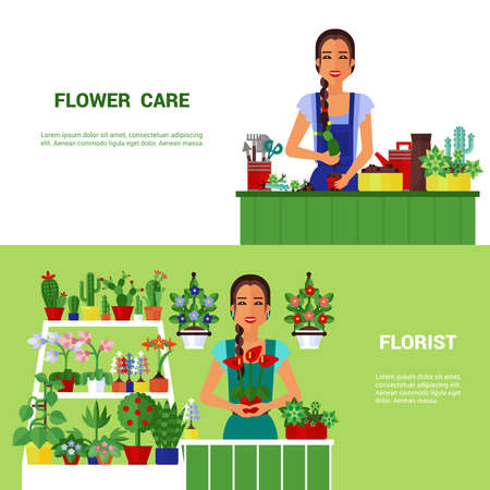 Beautiful young florist selling house plants 2 flat horizontal banners poster with shop counter abstract isolated vector illustrationのイラスト素材