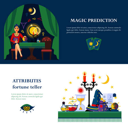 Fortune teller and cards reader young woman magical attributes 2 flat banners composition poster abstract vector illustrationのイラスト素材