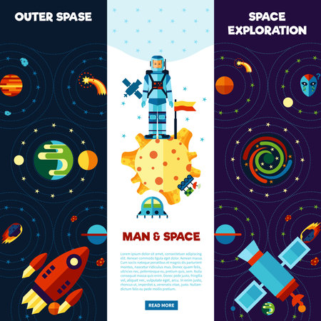 Space banners set with astronaut planets and satellites isolated vector illustrationのイラスト素材