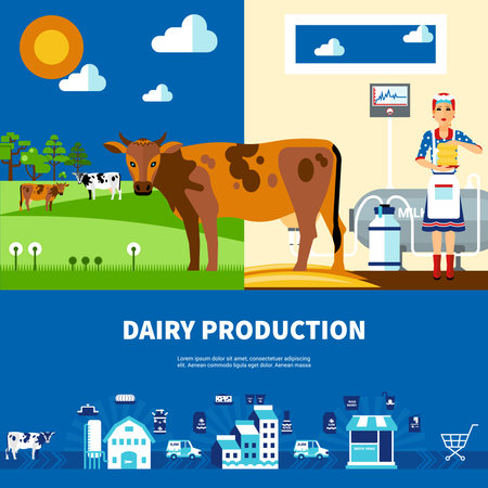 Dairy production set with cows on field milk farm and business presentation isolated vector illustrationのイラスト素材