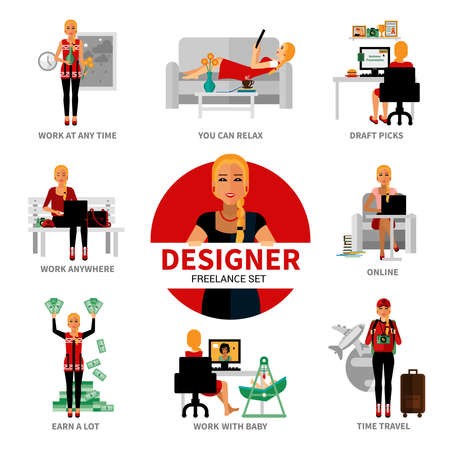 Freelance designer set with different advantages of work isolated vector illustrationのイラスト素材