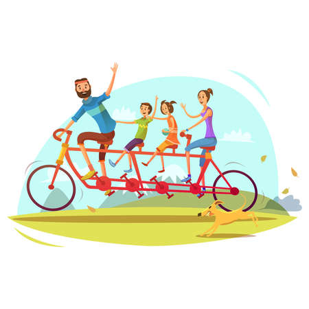 Family and bicycle cartoon concept with parents son and daughter vector illustrationのイラスト素材