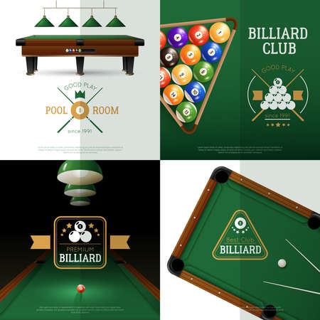 Billiards realistic concept icons set with club and pool room symbols isolated vector illustration