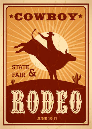 Advertisement rodeo poster in retro style with cowboy riding wild horse on sunset background flat vector illustrationのイラスト素材