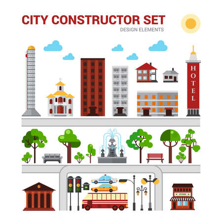 City constructor set with houses parks and urban infrastructure isolated vector illustrationのイラスト素材