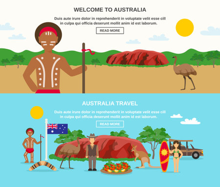 Welcome to australia banners with landscape seafood aborigine surfing animals and flag isolated vector illustrationのイラスト素材