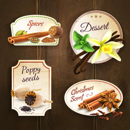 Dessert spices poppy seed christmas scent decorative elements badges set isolated on wooden background vector illustrationのイラスト素材