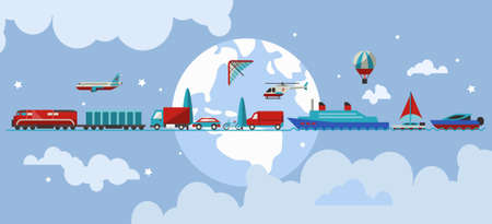 Transport concept with water air ground vehicles in line with earth on background vector illustrationのイラスト素材