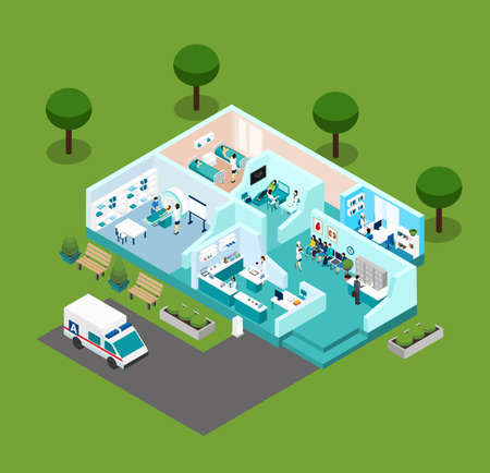 Medical center icons Isometric interior  with different rooms medical staff and  equipment vector illustrationのイラスト素材