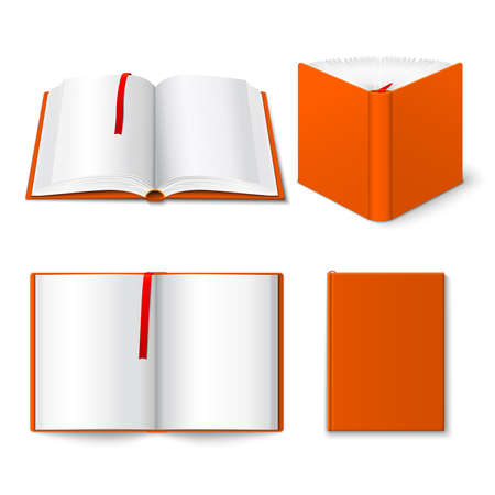 Decorative open closed and half opened hard cover book four 3d pictograms composition poster isolated vector illustrationのイラスト素材