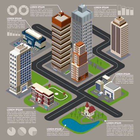 Isometric city infographics with  buildings street skyscrapers connected by dotted lines with charts and graphs vector illustrationのイラスト素材