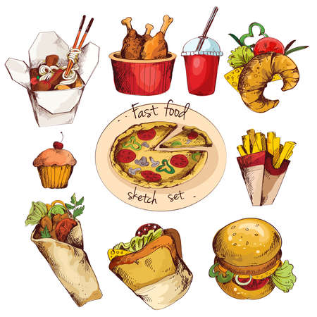 Fast food decorative colored sketch icons set of cupcake drink croissant isolated vector illustrationのイラスト素材
