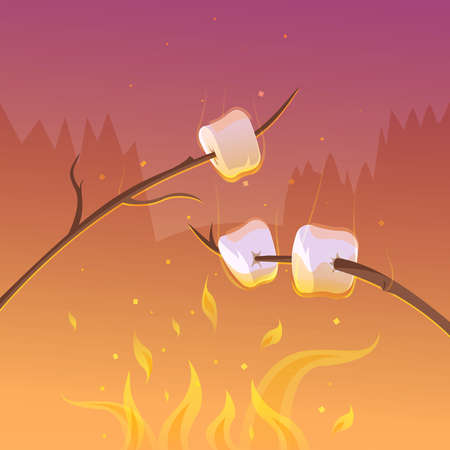Barbecue and hiking at night cartoon background with sticks and fire vector illustrationのイラスト素材