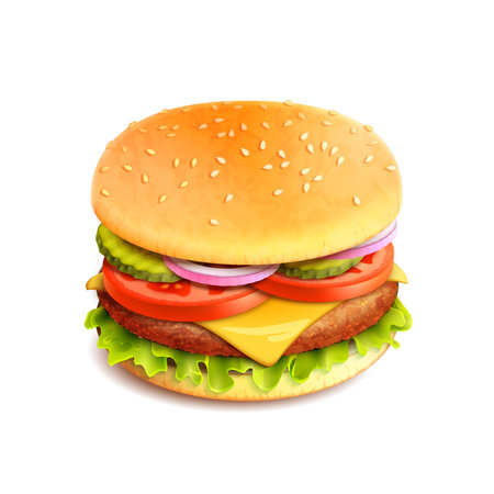 Hamburger fast food sandwich emblem realistic isolated on white background vector illustrationのイラスト素材