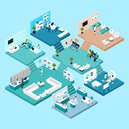 Hospital icons Isometric scheme with different cabinets and rooms on different floors connected by stairs vector illustrationのイラスト素材