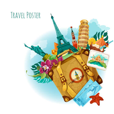 World landmarks travel background with travel tickets suitcase and flower vector illustrationのイラスト素材