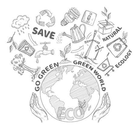 Hands holding and protecting globe environment conservation and ecology concept doodle vector illustrationのイラスト素材
