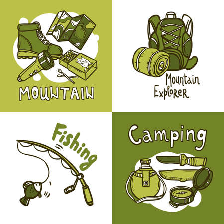 Camping design concept set with hand drawn mountain explorer and fishing icons isolated vector illustrationのイラスト素材