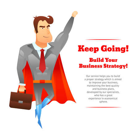 Strategic business plan service advertizing poster with superhero in red necktie and cape figure abstract vector illustrationのイラスト素材