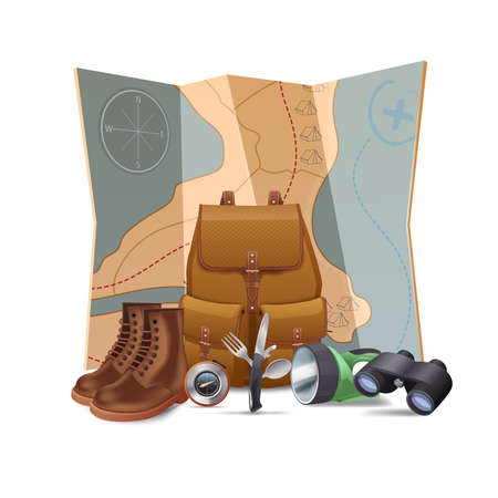 Tourism and hiking concept with realistic boots backpack binoculars vector illustrationのイラスト素材