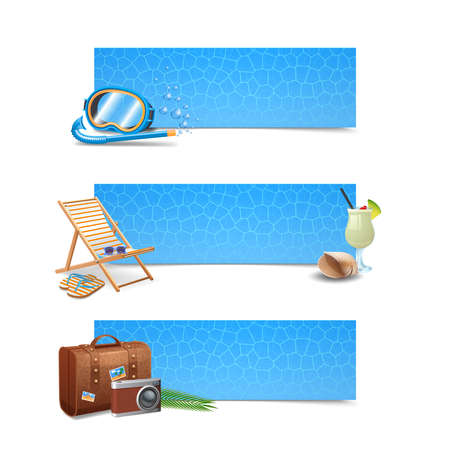 Travel banner horizontal set with realistic snorkeling mask lounge cocktail and suitcase isolated vector illustrationのイラスト素材