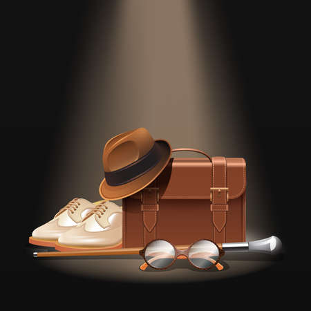 Gentleman accessories set with realistic briefcase shoes bowler hat stick and glasses vector illustrationのイラスト素材