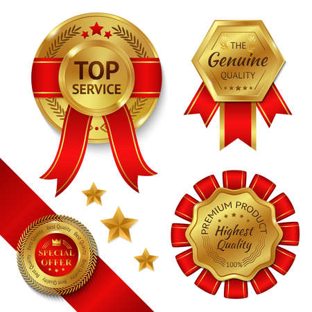 Top service awards premium quality ribbons and gold medals set isolated vector illustrationのイラスト素材