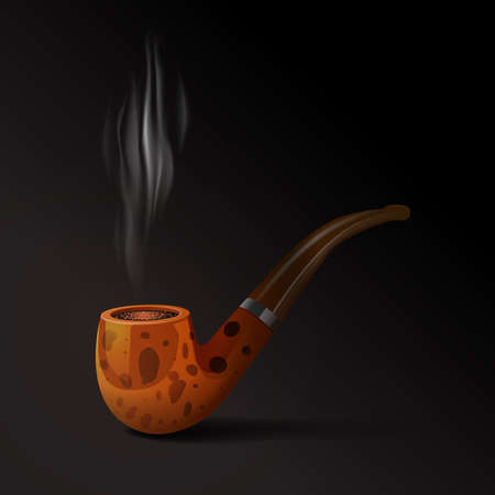 Realistic old style smoking tobacco pipe on black background vector illustrationのイラスト素材