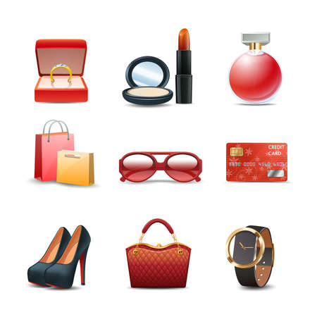 Women shopping realistic decorative icon set with ring lipstick perfume isolated vector illustrationのイラスト素材