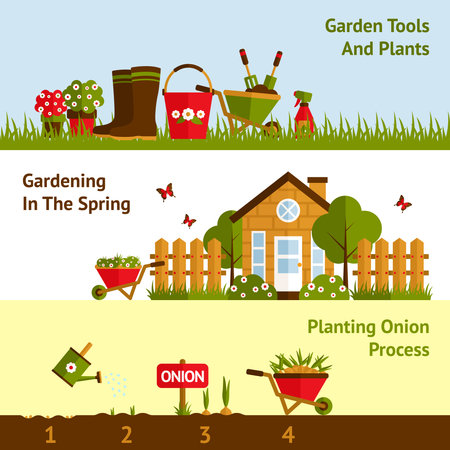 Gardening horizontal banners set with planting process plants and tools isolated vector illustrationのイラスト素材