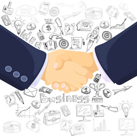 Successful business teamwork partnership concept black outlined icons composition with  prominent foreground handshake symbol abstract vector illustrationのイラスト素材